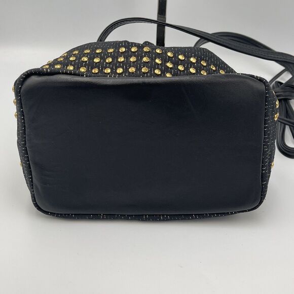 DAWLI Gold Metallic Studded Black Leather & Fabric Crossbody Bucket Purse Bag - Picture 7 of 9